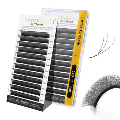 Picture of NAGARAKU W Shape Eyelash Extension 3D Volume Cluster Premade Fans Eye Lashes Faux Mink Matte Black Easy Fanning False Eyelashes (0.05mm C curl 9mm)