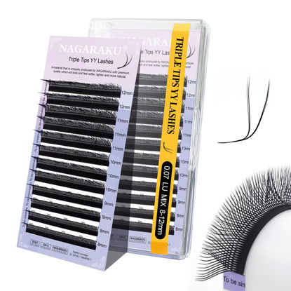 Picture of NAGARAKU 3 Tips Triple yyy Eyelash Extensions Supplies Y Lash 6D Easy Fan Russian Volume Crisscross Eyelashes Handwoven Y Shaped Mesh Wispy Clusters 12 Rows Eye Lashes Black -0.07LU (8-12mm) Mix