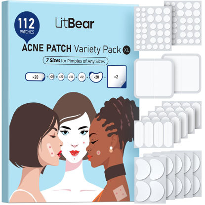 Picture of LitBear Large Pimple Patches (7 Sizes 112 Patches), Big Acne Patches, XL Hydrocolloid Bandages for Full Face, Forehead, Chin, Nose, Body, Back, Neck & Chest, Oval, Moon, Square hydrocolloid Patch