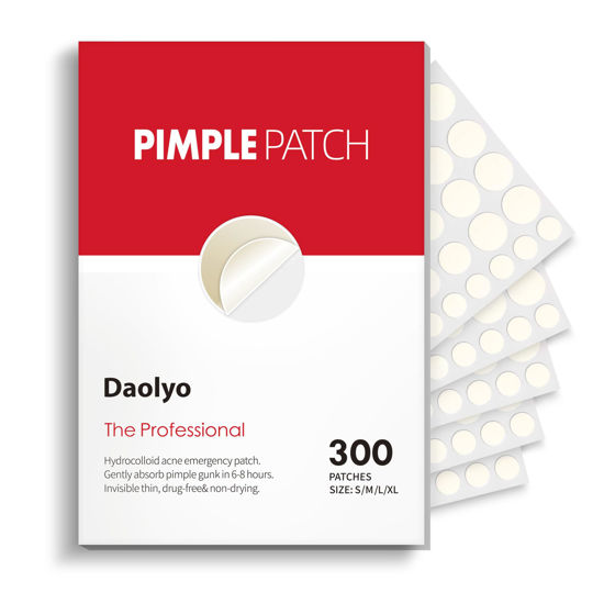 Picture of Daolyo Pimple Patches for Face, 4 Size 300 Counts Acne Patches, Hydrocolloid Patches for Covering Zits and Blemishes, Spot Stickers with Salicylic Acid, Tea Tree Oil & Calendula Oil
