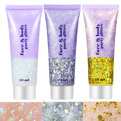 Picture of Go Ho White Silver and Gold Body Glitter Set,3 PCS Face Glitter Gel,Holographic Long Lasting Chunky Sequins Glitter Makeup for Singer Concerts,Parties,Performances,Stages,Festival Rave Accessories