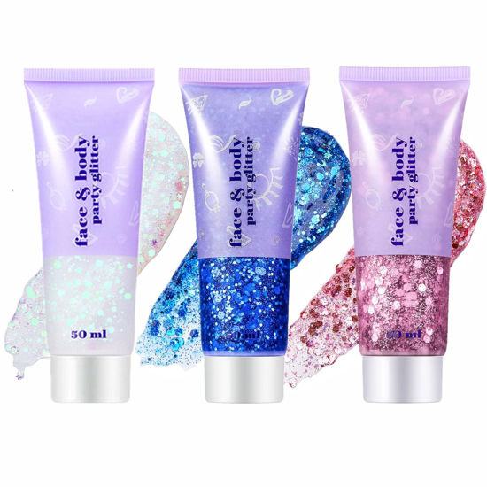 Picture of Go Ho White Pink and Blue Body Glitter Set,Singer Concerts Face Glitter Gel Makeup,Holographic Long Lasting Chunky Sequins Glitters for Eye Lip Hair Nails,Festival Rave Accessories