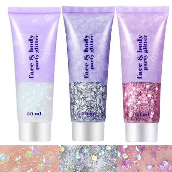 Picture of Go Ho White Pink and Silver Body Glitter Set,3 PCS Mermaid Face Glitter Gel,Holographic Long Lasting Chunky Sequins Glitter Makeup for Singer Concerts,Halloween Festival Rave Accessories