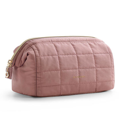 Picture of BAGSMART Makeup Bag Travel Cosmetic Bag, Puffy Padded Make Up Bags for Women Makeup Organizer Case, Wide-open Pouch Purse Travel Essentials Toiletries Accessories Brushes, Dark Pink
