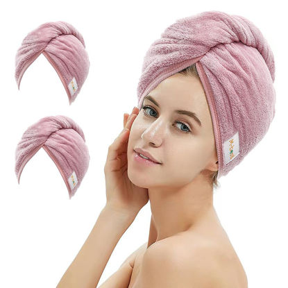 Picture of M-bestl 2 Pack Microfiber Hair Towel Wrap,Hair Drying Towel with Button Design,Head Towel to Dry Curly Hair Quickly (Bean Pink)
