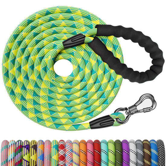 Picture of NTR Long Dog Leash,15FT Rope Leash for Dog Training with Swivel Lockable Hook,Reflective Threads and Comfortable Handle,Dog Lead for Walking,Hunting,Camping for Medium and Large Dog, Teal/Yellow