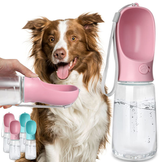 Picture of Kalimdor Dog Water Bottle, Leak Proof Portable Puppy bowl Water Dispenser with Drinking Feeder for Pets Outdoor Walking, Hiking, Travel, Food Grade Plastic (19oz Pink)