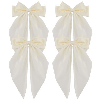Picture of ATODEN Satin White Hair Accessories for Women: Large Oversized Bowknot Barrettes with Long Tail Hair Clips and Metal Clips - Aesthetic Wedding Hair Accessories