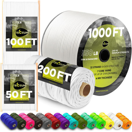 Picture of TECEUM Paracord Type III 550 White - 50 ft - 4mm - Tactical Rope MIL-SPEC - Outdoor para Cord - Camping Hiking Fishing Gear - EDC Parachute Cord - Strong Survival Rope 007
