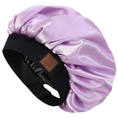 Picture of HAT HUT Satin Bonnet Silk Bonnet Sleep Cap for Women Hair Bonnet for Curly Natural Hair Sleeping Adjustable Wide Band Double Layer (LILAC)