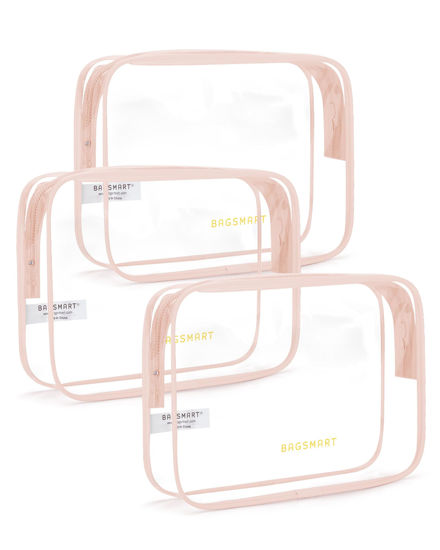 Picture of BAGSMART Clear Toiletry Bag, 3 Pack TSA Approved Travel Toiletry bag Carry on Travel Accessories Bag Airport Airline Quart Size Bags Water Repellent Makeup Cosmetic Bag for Women (Nude Pink-3pcs)