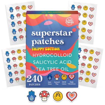 Picture of LivaClean 240 CT Superstar Cute Pimple Patches Trippy Edition w/Salicylic Acid & Tea Tree Oil - Pimple Patches Cute, Pimple Patches for Face, Pimple Patch, Hydrocolloid Acne Patches
