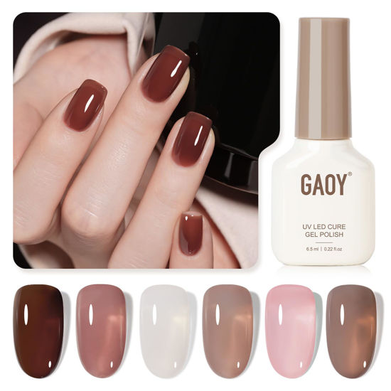 Picture of GAOY Rose Brown Jelly Gel Nail Polish of 6 Transparent Brown Pink Whiter Colors Sheer Gel Polish Kit for Salon Gel Manicure and Nail Art DIY at Home