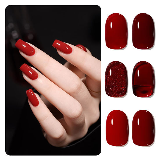 Picture of GAOY Viva Chili Gel Nail Polish Set of 6 Colors Including Burgundy Red Glitter Red Jelly Gel Polish Kit for Salon Gel Manicure and Nail Art DIY at Home