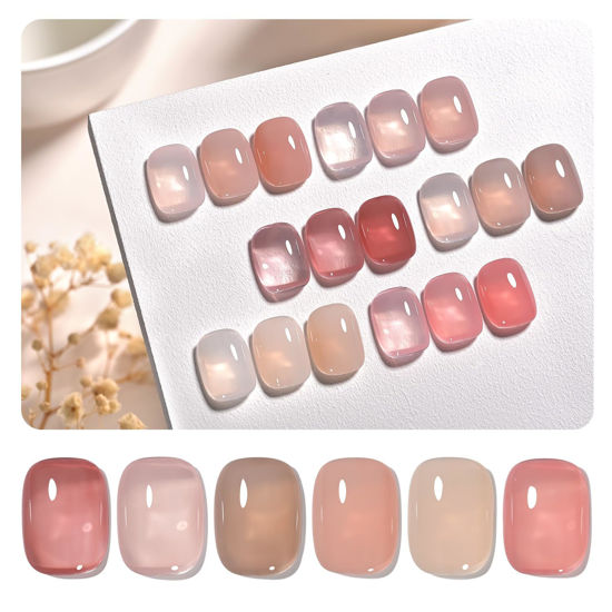 Picture of GAOY Strawberry Milk Jelly Gel Nail Polish of 6 Transparent Nude Red Pink Brown Colors Sheer Gel Polish Kit for Salon Gel Manicure and Nail Art DIY at Home