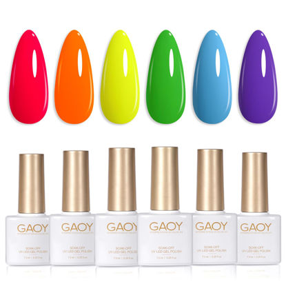 Picture of GAOY Neon Hot Pink Orange Gel Nail Polish Set, 6 Colors Bright Green Blue Purple Soak Off Gel Polish Kit for Salon and Nail Art DIY at Home