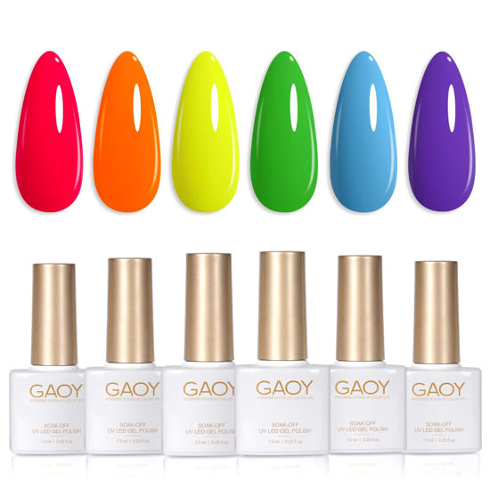 Picture of GAOY Neon Hot Pink Orange Gel Nail Polish Set, 6 Colors Bright Green Blue Purple Soak Off Gel Polish Kit for Salon and Nail Art DIY at Home