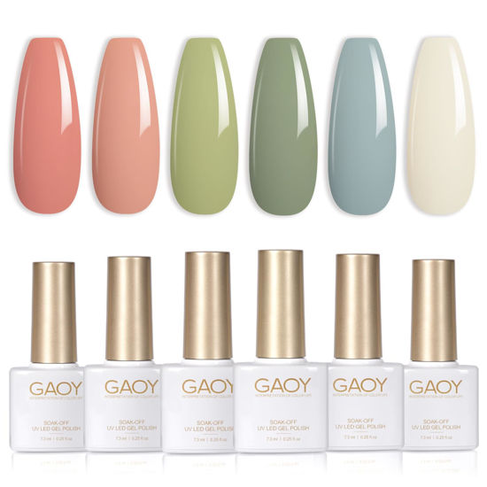 Picture of GAOY Nude Coral Green Gel Nail Polish Set, 6 Colors Milky White Blue Olive Soak Off Gel Polish Kit for Salon and Nail Art DIY at Home