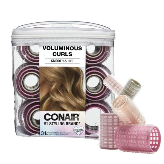 Picture of Conair Heatless Curls Hair Roller - 31 Count, Assorted sizes & Colors - Pink, Gray & Purple - Overnight Curl Rollers w/storage case