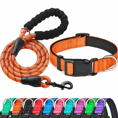 Picture of Ladoogo Reflective Dog Collar Padded with Soft Neoprene Breathable Adjustable Nylon Dog Collars for Small Medium Large Dogs (Small (Pack of 1), Orange Collar+Leash)