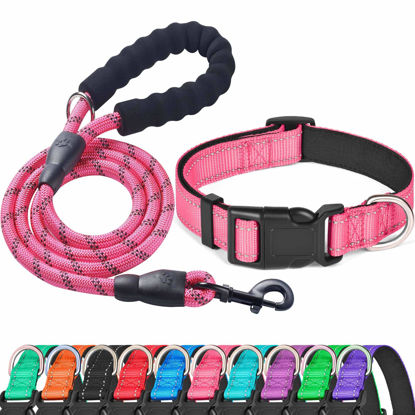 Picture of Ladoogo Reflective Dog Collar Padded with Soft Neoprene Breathable Adjustable Nylon Dog Collars for Small Medium Large Dogs (X-Small (Pack of 1), Pink Collar+Leash)