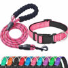 Picture of Ladoogo Reflective Dog Collar Padded with Soft Neoprene Breathable Adjustable Nylon Dog Collars for Small Medium Large Dogs (Large (Pack of 1), Pink Collar+Leash)