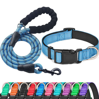 Picture of Ladoogo Reflective Dog Collar Padded with Soft Neoprene Breathable Adjustable Nylon Dog Collars for Small Medium Large Dogs (X-Small (Pack of 1), Vivid Blue Collar+Leash)