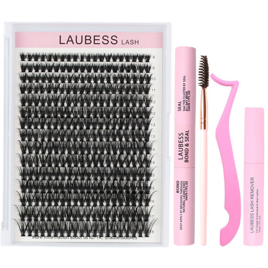 Picture of Eyelash Extension Kit 300 Pcs Lash Clusters Kit Lash Bond and Seal Waterproof Lash Tweezers DIY Lash Extension Kit for Beginners Eyelash Glue Remover Lash Brush (Set 40D-0.07C-8-18Mix)