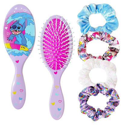 Picture of Stitch Hair Brush and 4 Scrunchies Set for Girls - Detangling Brush and Elastic Hair Ties for Ages 3+