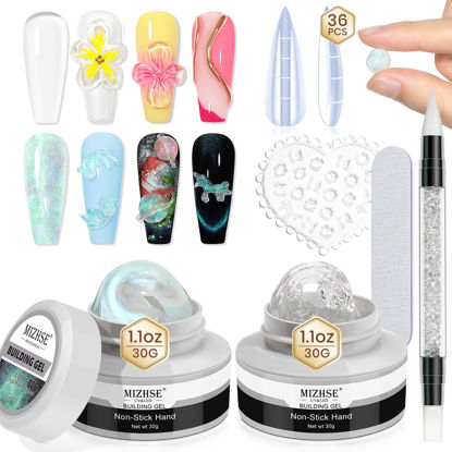 Picture of MIZHSE Solid Builder Gel for Nails - 2PCS 1oz Mermaid Pearl & Clear Hard Gel for Nails Kit with Nail Forms 3D Silicone Mold Soak-off U V 3D Nail Gel for Nail Extension for Nail Salon Home DIY Manicure