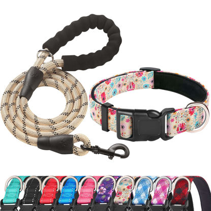 Picture of Ladoogo Reflective Dog Collar Padded with Soft Neoprene Breathable Adjustable Nylon Dog Collars for Small Medium Large Dogs (Small (Pack of 1), Vanila/Pink Floral Collar+Leash)