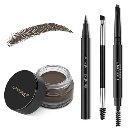 Picture of LAVONE Eyebrow Stamp Pencil Kit for Eyebrows, Makeup Brow Stamp Trio Kit with Waterproof Eyebrow Pencil, Eyeliner, Eyebrow Pomade, and Dual-ended Eyebrow Brush - Medium Brown