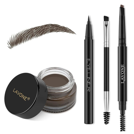 Picture of LAVONE Eyebrow Stamp Pencil Kit for Eyebrows, Makeup Brow Stamp Trio Kit with Waterproof Eyebrow Pencil, Eyeliner, Eyebrow Pomade, and Dual-ended Eyebrow Brush - Medium Brown