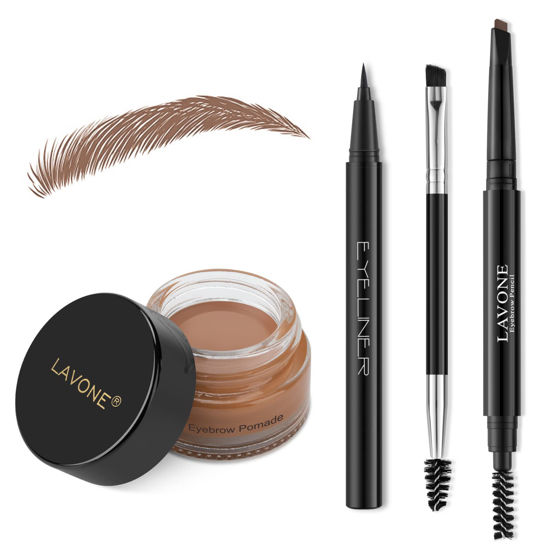 Picture of LAVONE Eyebrow Stamp Pencil Kit for Eyebrows, Makeup Brow Stamp Trio Kit with Waterproof Eyebrow Pencil, Eyeliner, Eyebrow Pomade, and Dual-ended Eyebrow Brush - Caramel