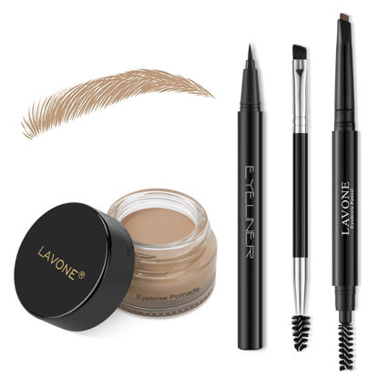 Picture of LAVONE Eyebrow Stamp Pencil Kit for Eyebrows, Makeup Brow Stamp Trio Kit with Waterproof Eyebrow Pencil, Eyeliner, Eyebrow Pomade, and Dual-ended Eyebrow Brush - Blonde