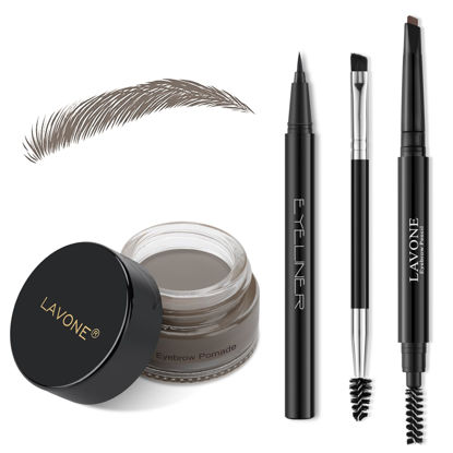 Picture of LAVONE Eyebrow Stamp Pencil Kit for Eyebrows, Makeup Brow Stamp Trio Kit with Waterproof Eyebrow Pencil, Eyeliner, Eyebrow Pomade, and Dual-ended Eyebrow Brush - Grey