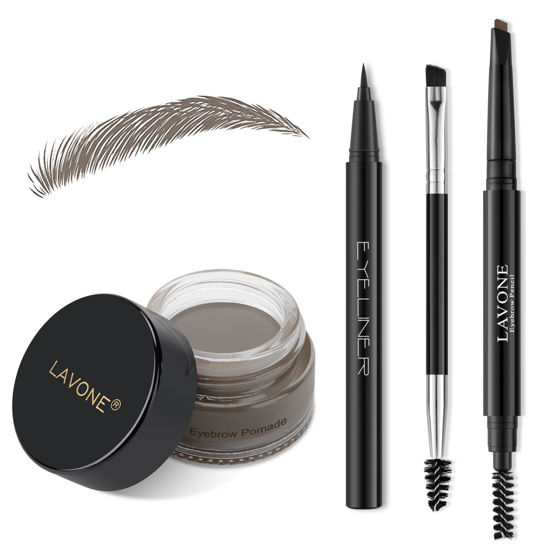 Picture of LAVONE Eyebrow Stamp Pencil Kit for Eyebrows, Makeup Brow Stamp Trio Kit with Waterproof Eyebrow Pencil, Eyeliner, Eyebrow Pomade, and Dual-ended Eyebrow Brush - Grey