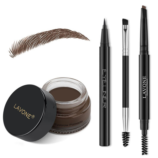 Picture of LAVONE Eyebrow Stamp Pencil Kit for Eyebrows Makeup, with Waterproof Eyebrow Pencil, Eyeliner, Eyebrow Pomade, and Dual-ended Eyebrow Brush - Dark Brunette