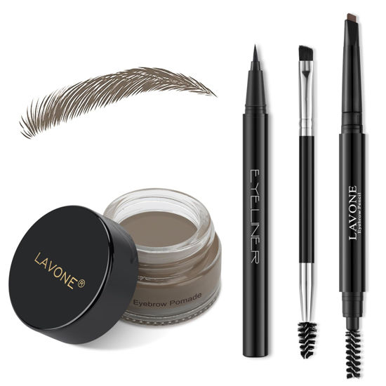 Picture of LAVONE Eyebrow Stamp Pencil Kit for Eyebrows, Makeup Brow Stamp Trio Kit with Waterproof Eyebrow Pencil, Eyeliner, Eyebrow Pomade, and Dual-ended Eyebrow Brush - Dark Gray