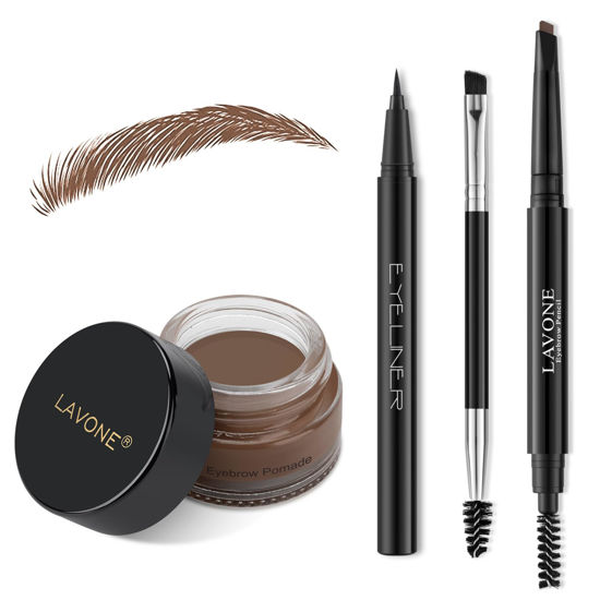 Picture of LAVONE Eyebrow Stamp Pencil Kit for Eyebrows, Makeup Brow Stamp Trio Kit with Waterproof Eyebrow Pencil, Eyeliner, Eyebrow Pomade, and Dual-ended Eyebrow Brush - Brunette