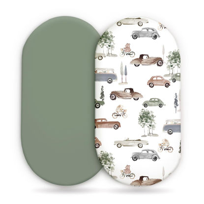 Picture of GRSSDER Stretchy Ultra Soft Fitted Bassinet Sheet Set 2 Pack, Universal Fit for Bassinets Baby Cradle Moses Basket Oval Rectangle Mattress Safe and Snug, Stylish Bassinet Sheets of Cars Print for Boys