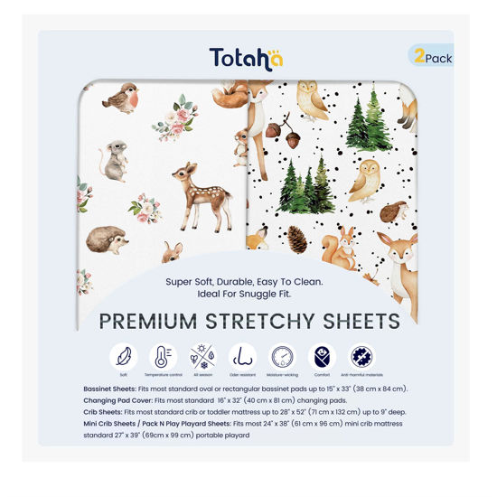 Picture of TotAha Premium Soft Bassinet Sheet for Boy Girl, Super Stretchy Jersey Knit Bassinet Fitted Sheet, Compatible with Halo, Maxi COSI, Mika Micky, SNOO, and Other Bassinet, 2 Pack (Forest Animals)