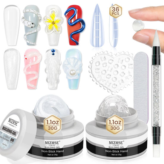 Picture of MIZHSE Solid Builder Gel for Nails Kit: 2PCS 30g Pearl White & Clear Hard Gel for Nails 3D Nail Gel with Nail Forms 3D Silicone Mold Soak off U V LED Nail Builder Gel for Nail Extension Nail Art