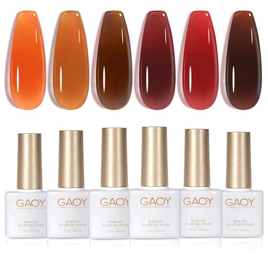 Picture of GAOY Jelly Brown Gel Nail Polish Set, 6 Transparent Colors Dark Red Orange Pumpkin Soak Off Gel Polish Kit for Salon and Nail Art DIY at Home
