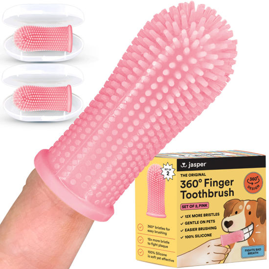 Picture of Jasper Dog Toothbrush, 360º Dog Tooth Brushing Kit, Cat Toothbrush, Dog Teeth Cleaning, Dog Finger Toothbrush, Dog Tooth Brush for Small & Large Pets, Dog Toothpaste Not Included - Pink 2-Pack