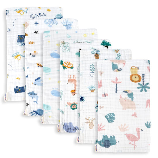 Picture of Maliton Muslin Baby Burp Cloths 6 Pack Large 20''x10'' 100% Cotton Burp Rags Absorbent and Soft 6 Layers Muslin Cloth Baby Essentials for Newborn(Animals and Cars, Pack of 6)