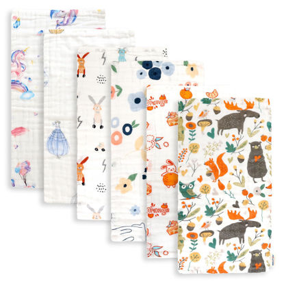 Picture of Maliton Muslin Burp Cloths for Baby Girl 6 Pack Large 20''x10'' 100% Cotton Burp Rags Absorbent and Soft 6 Layers Muslin Cloth Baby Girl Newborn Essentials Must Haves(Fairy Tale, Pack of 6)