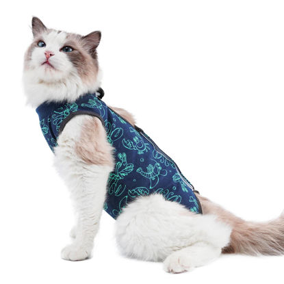 Picture of kzrfojy Cat Surgery Recovery Suit Cat Onesie for Cats After Surgery for Surgical Abdominal Wound Or Skin Diseases E-Collar Alternative Wear Cat Neutering Bodysuit Wear (Dark-Blue-L)