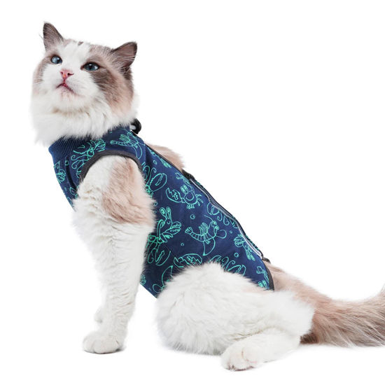 Picture of kzrfojy Cat Surgery Recovery Suit Cat Onesie for Cats After Surgery for Surgical Abdominal Wound Or Skin Diseases E-Collar Alternative Wear Cat Neutering Bodysuit Wear (Dark-Blue-L)
