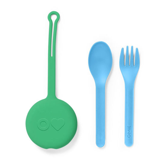 Picture of OmieBox Kids Utensils Set with Case - 2 Piece Plastic, Reusable Fork and Spoon Silverware with Pod for Kids (Mint Green)